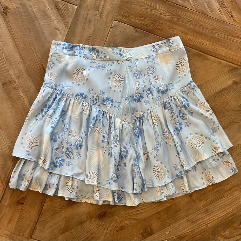 Emily McCarthy Shell Print‎ Ruffle Skirt Blue Ivory Coastal Style
